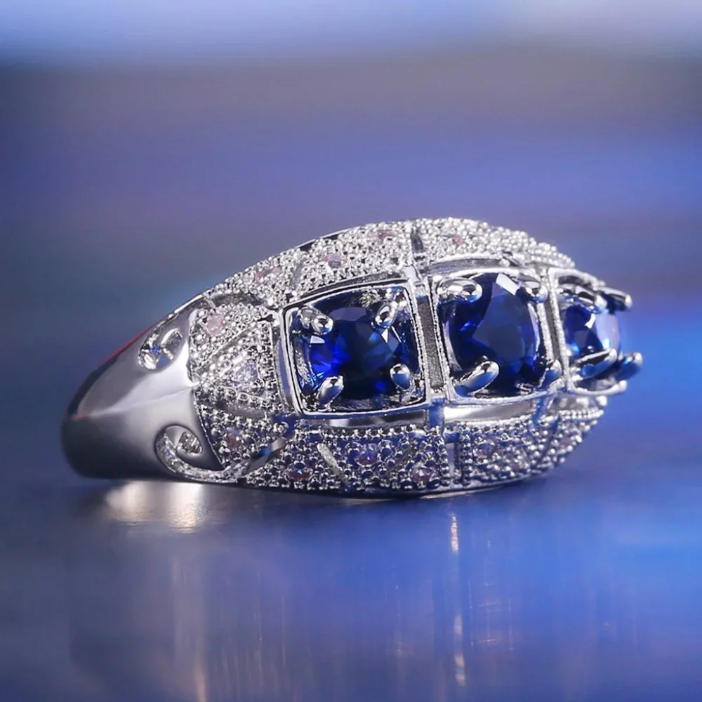 💝 Royal Blue Zircon Anillos Vintage Luxury Vintage Rings for Women, PD020 - Picture 9 of 11